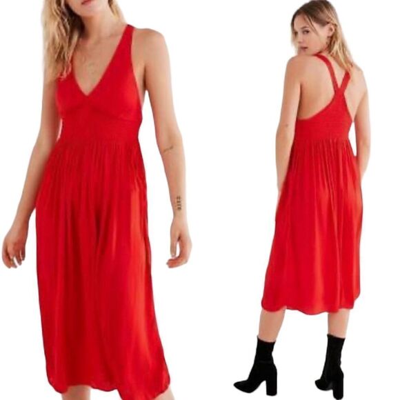 Urban Outfitters Valerie Smocked Satin Midi Dress Sz S - Picture 3 of 16